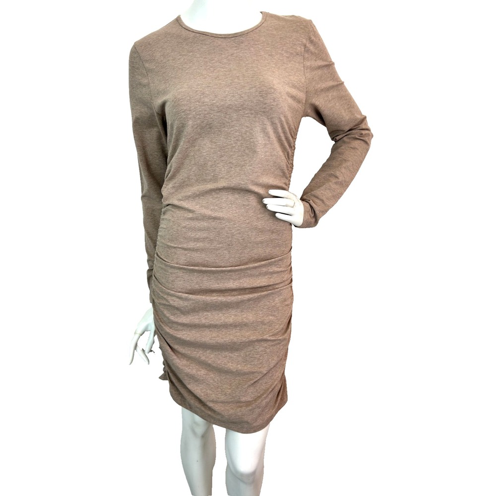Aritzia Tna Chill Malibu Long Sleeve Dress Ruched Side Tan Athleisure Large EUC